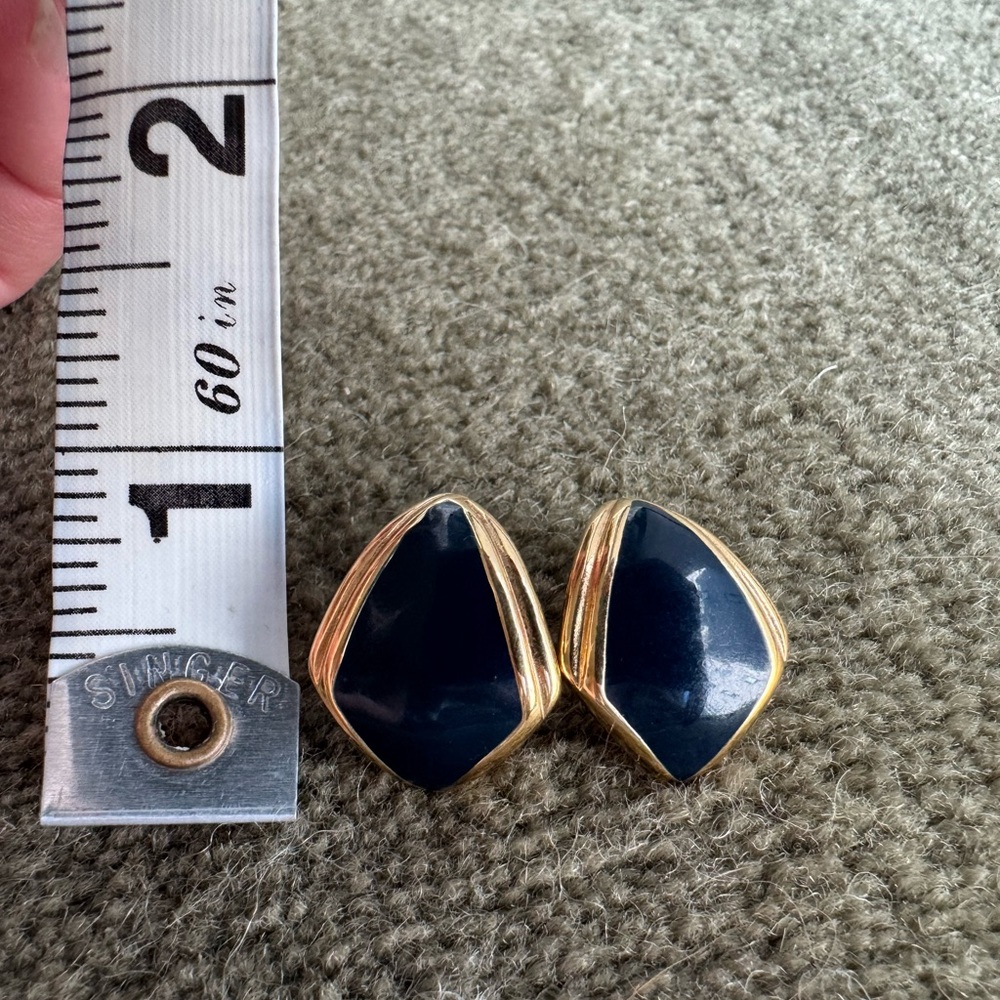 Monet enameled earrings navy blue and gold curved shape